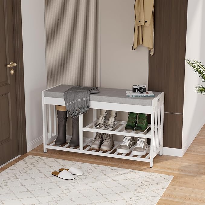 3-Tier Bamboo Shoe Rack Bench, Shoe Storage Organizer Bench, Entryway Benchs by HEALTHYYOU