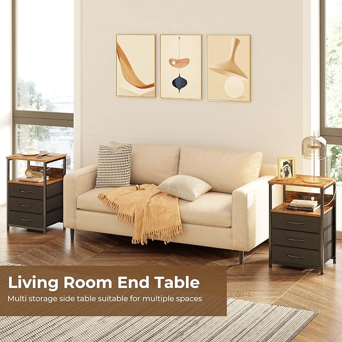Seventable Nightstand with Charging Station and LED Light, Side Table with 3 - Image 6