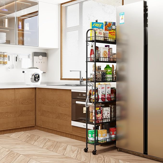6 Tier Slim Storage Cart with Wheels, Metal Mobile Shelving Unit Organizer - Image 2