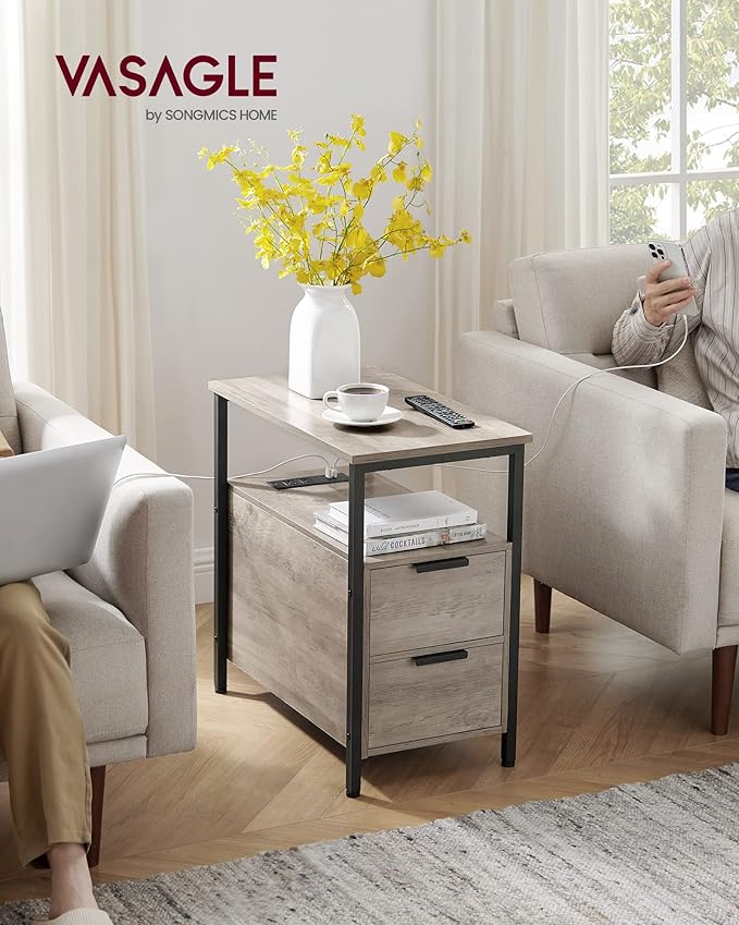 VASAGLE Side Table with Charging Station, Narrow End Table with 2 Drawers - Image 2