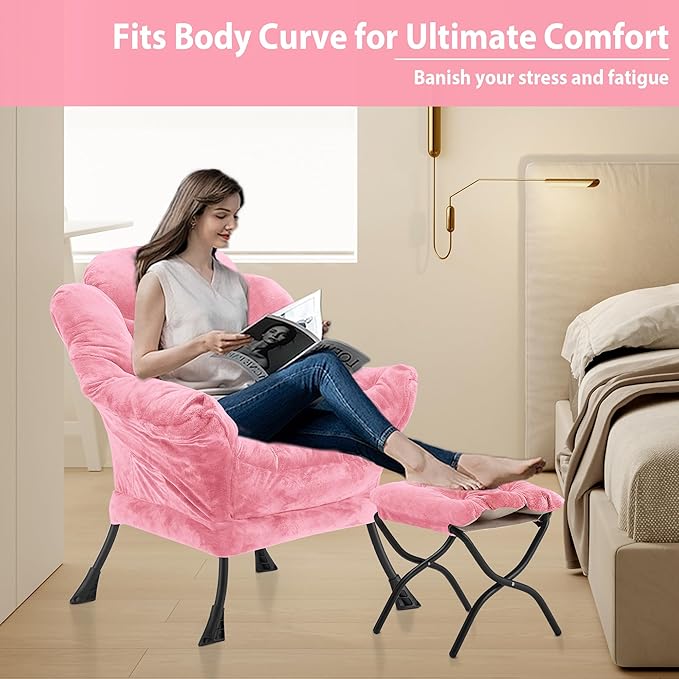 Lazy Chair with Folding Ottoman, Accent Chair Plush Upholstered with Metal - Image 5