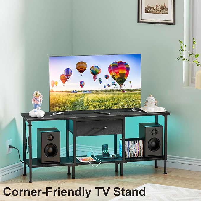 LED TV Stand with Power Outlet and Fabric Drawer - Image 7