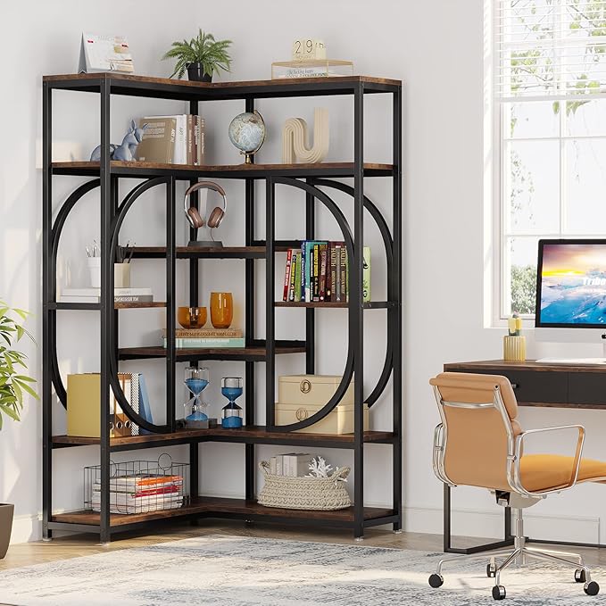 LITTLE TREE Large Corner Bookshelf Industrial Bookcase - Image 4