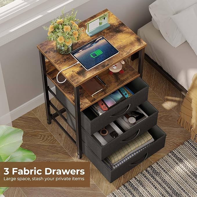 Seventable Nightstand with Charging Station and LED Light, Side Table with 3 - Image 2