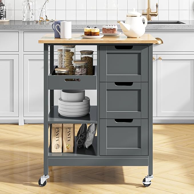 YITAHOME Small Solid Wood Top Kitchen Island Cart on Wheels - Image 2