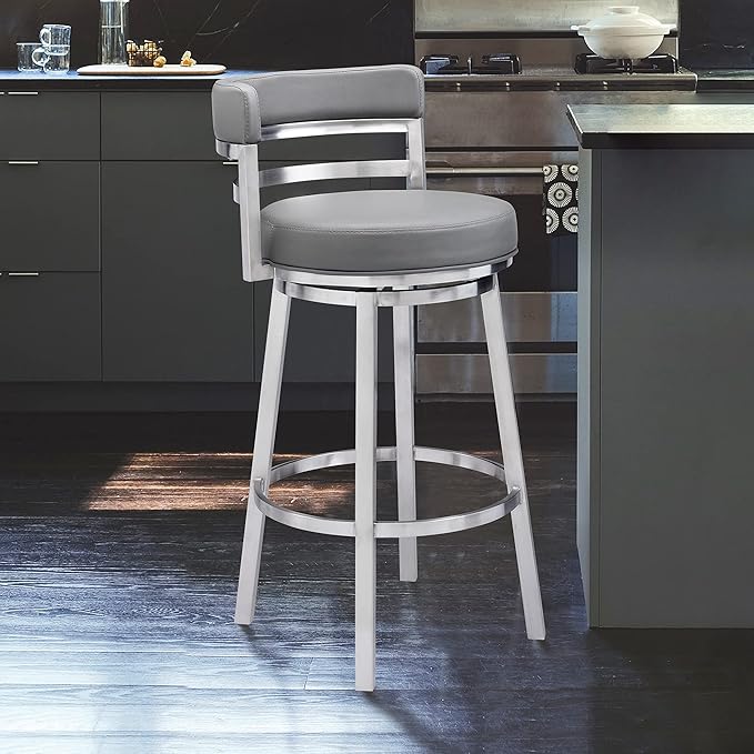 Armen Living Madrid 26" Counter Height Swivel Modern Gray Faux Leather and - Image 9