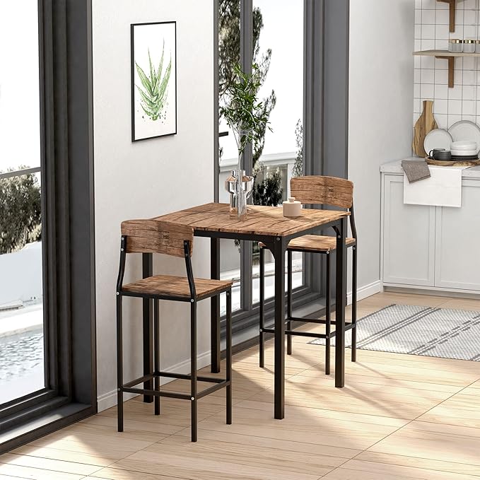 HOMCOM 3 Piece Industrial Counter Height Dining Table Set, Bar Table & Chairs - Image 3