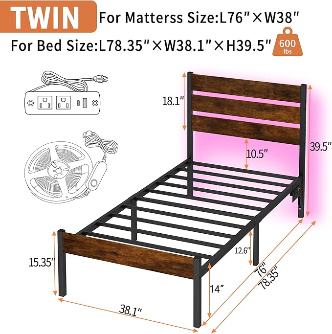 Twin Bed Frame with Headboard, Heavy Duty LED Bed Frame with USB Charging - Image 2