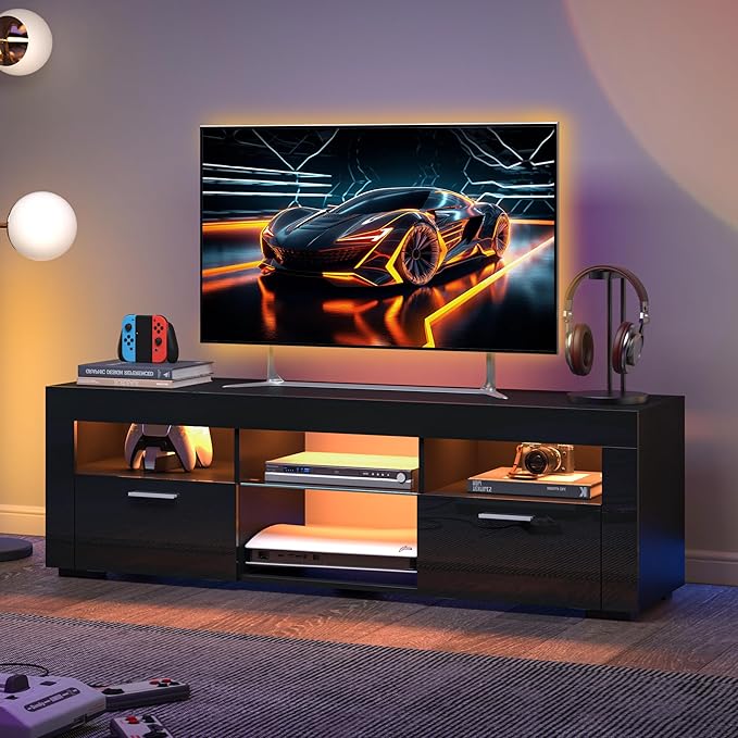 55" TV Stand for Living Room, High-Gloss Entertainment Center for 55 Inch TV - Image 2