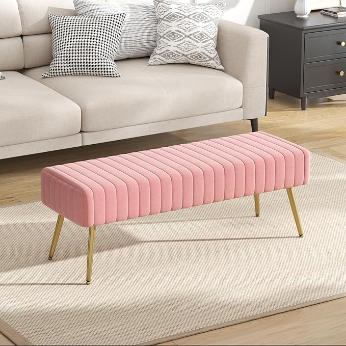 Furniliving 44 Inch Velvet Bench, Upholstered Tufted Striped Fabric Bedroom - Image 8