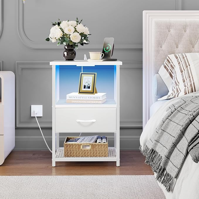 Fixwal Night Stand with Charging Station, LED Nightstand with Fabric Drawers - Image 8