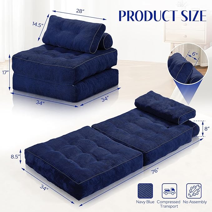 HABUTWAY Folding Sofa Bed, Convertible Sleeper Chair Bed w/Dual-Pillow & Handle - Image 2