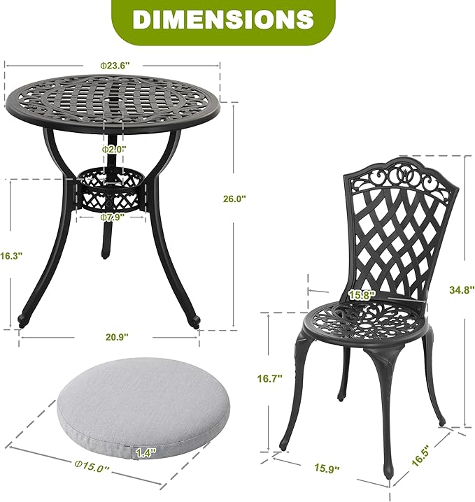 NUU GARDEN 3-Piece Patio Bistro Set Outdoor Cast Aluminum Bistro Table and - Image 2