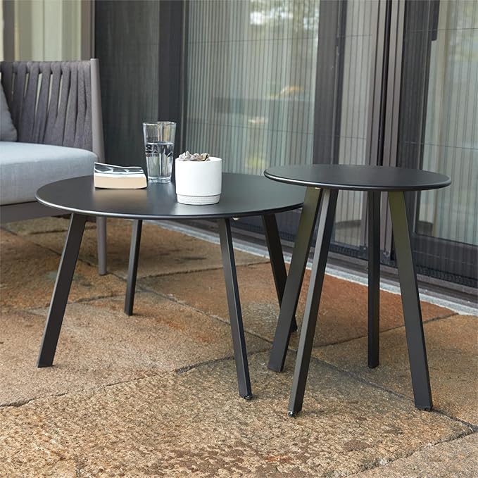 Patio Coffee Table Set of 2, Outdoor Weather Resistant End Table, Round Nesting - Image 4
