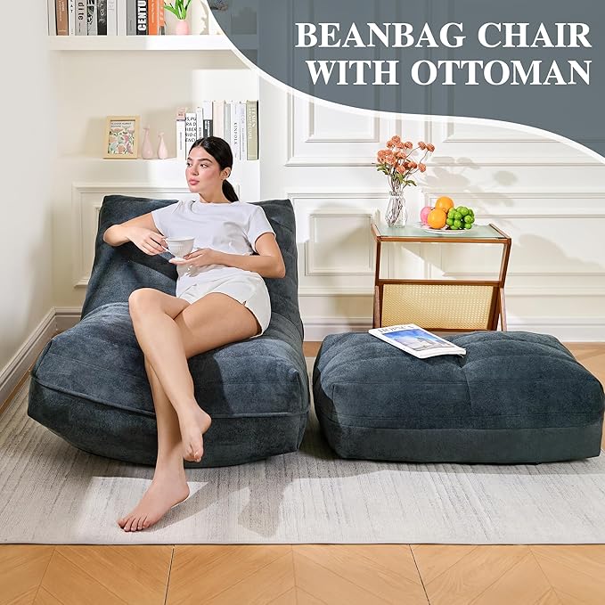 Bean Bag Chair with Ottoman, Comfy Bean Bag Sofa with Memory Foam, Lazy BeanBag - Image 3