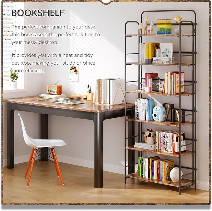 4NM No Assembly Folding Bookshelf 6 Tiers Vintage Industrial Black Book Shelf - Image 3