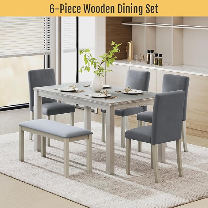 6-Piece Solid Wood Dining Table Set, Including 1 Dining Table, 4 Upholstered - Image 7