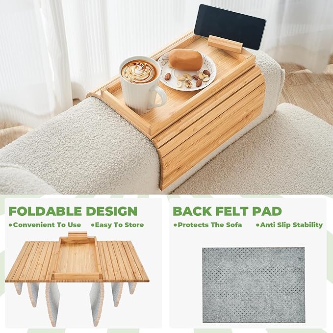 Bamboo Sofa Arm Tray, Anti Falling Couch Arm Tray Armrest Table - Image 5