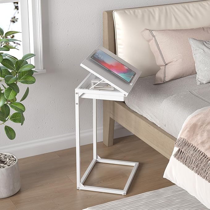 C Shaped End Table with Charging Station, 45° Tiltable Adjustable Flip Top Side - Image 7