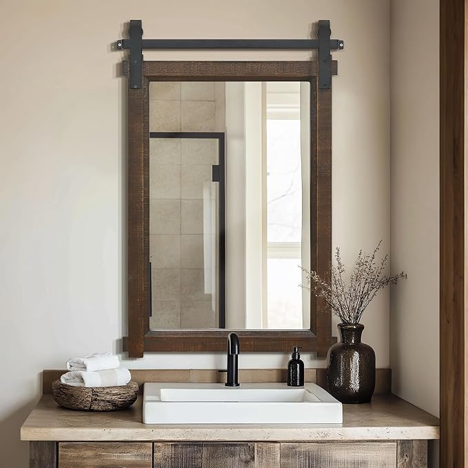 Rustic Barn Door Mirror: 24"x36" Brown Farmhouse Wood Frame by Besdomus