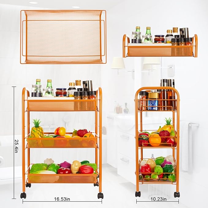 3-Tier Metal Rolling Cart, Storage Shelf - Image 2