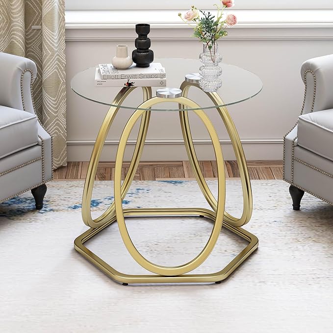 O&K FURNITURE Gold Modern Round Glass End Table - Image 3