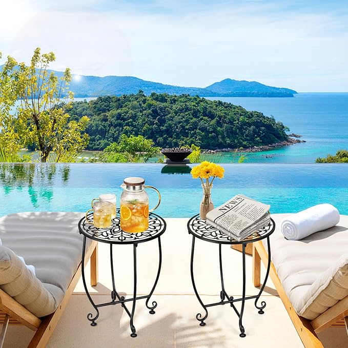 2 Pack Outdoor Side Table for Small Spaces, 14 Inch Patio Side Table, Plant - Image 2