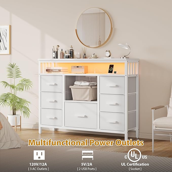 7 Drawer Dresser TV Stand with Power Outlets and LED Lights, Entertainment - Image 6