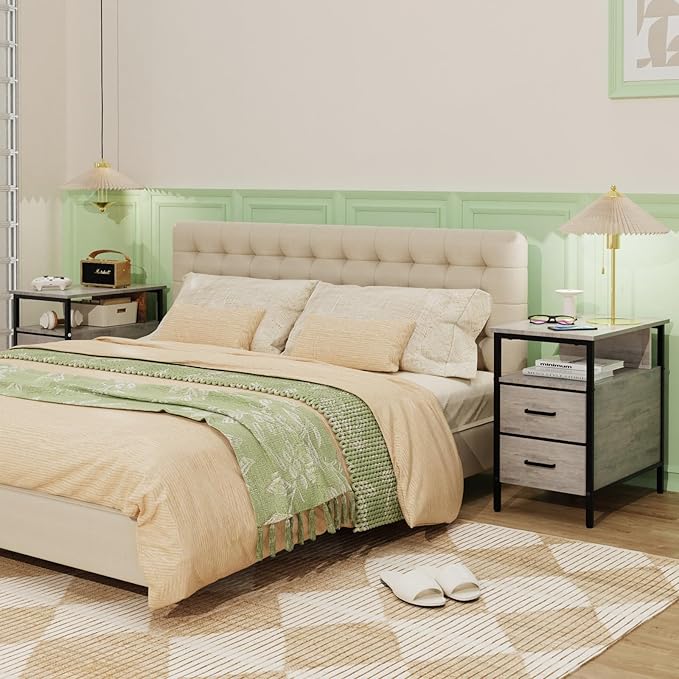 End Table with Charging Station, Narrow Side Table with 2 Fabric Drawer & - Image 2