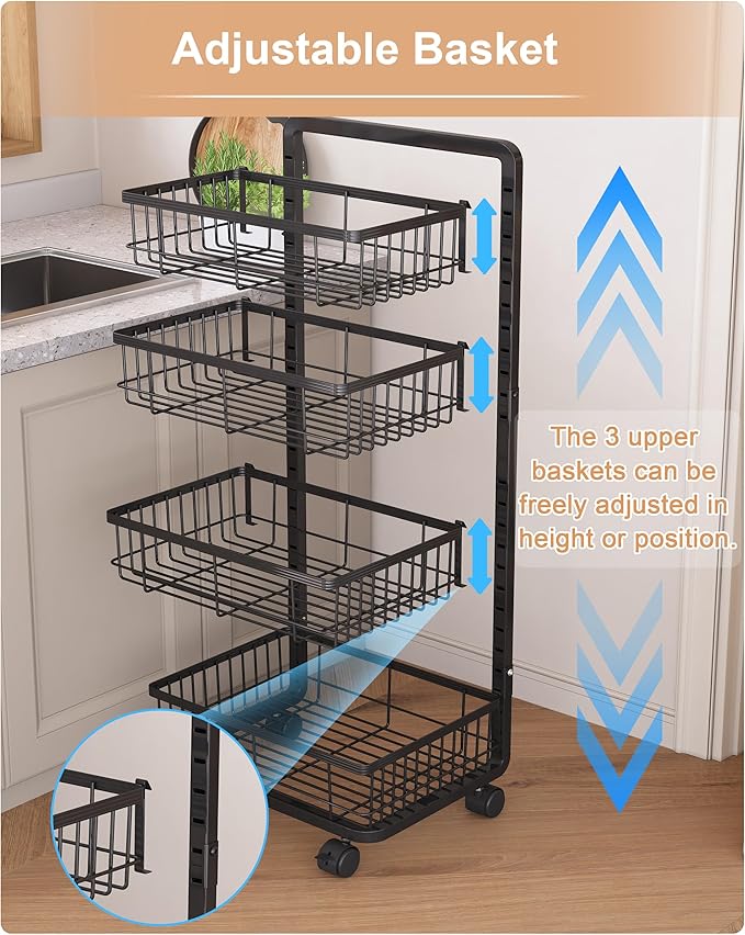 UMDONX 4-Tier Kitchen Storage Cart Metal Snack Cart Adjustable Fruit Basket on - Image 3