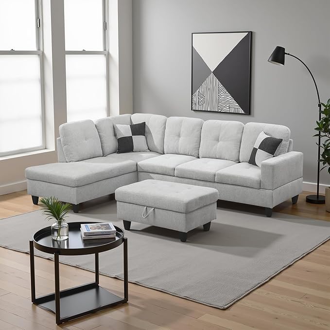 L Shaped Couch Modern Sectional Couch Upholstered Flannel Fabric 3 Pieces Sofas by LynginsCreativeLife