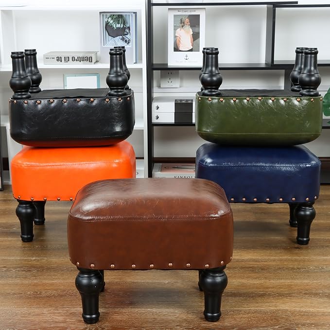 Ottoman Leather Foot Rest with Thicker Foam Padded Seat, Footstool with Wooden - Image 6