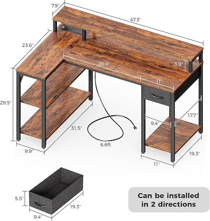 SUPERJARE 47 inch Reversible L Shaped Desk - Image 3