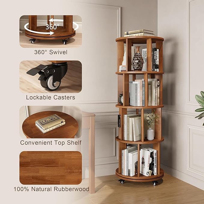 4-Tier Rotating Bookshelf, 360° Spinning Stackable Bookcase, Freestanding - Image 5