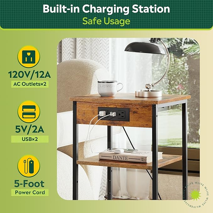 WLIVE End Table with Charging Station, Small Night Stand with 3 Storage Shelves - Image 4