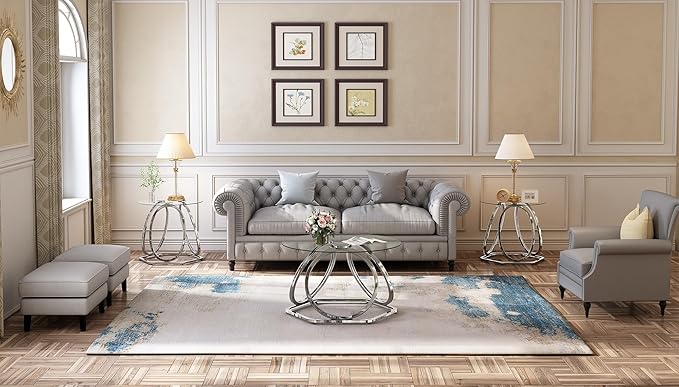 O&K FURNITURE Glass Coffee Table, Modern Silver Coffee Table Living Room Table - Image 7