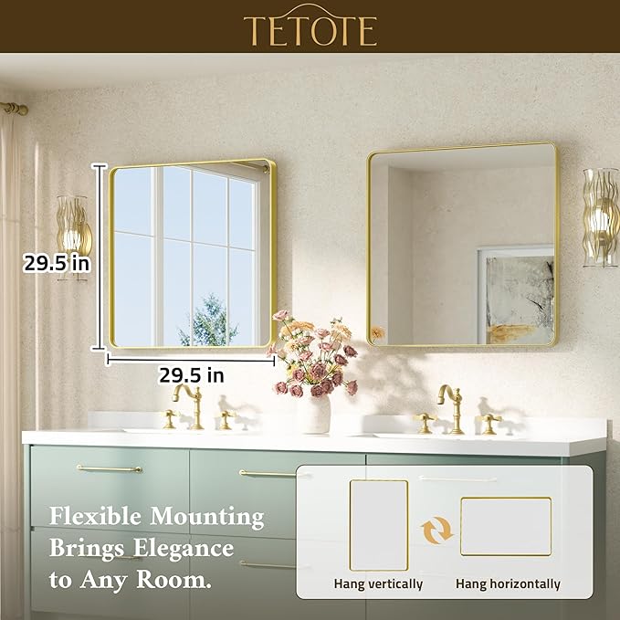 TETOTE Brushed Gold Bathroom Mirror 30 x 30 Gold Metal Framed Bathroom Mirror - Image 7