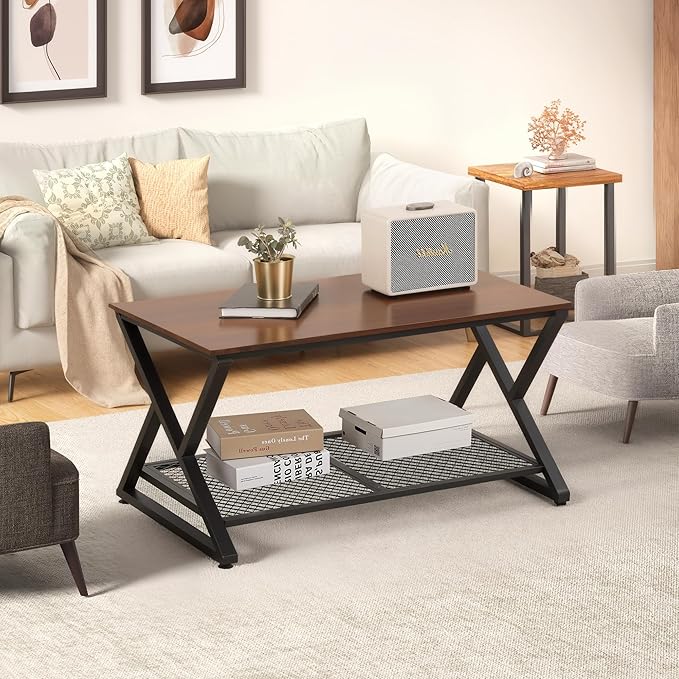 SENIG Coffee Table with Storage Shelf, Industrial Metal Wood Living Room Tables - Image 6