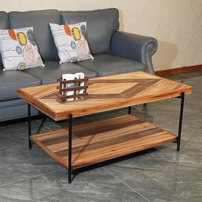 CONSDAN StoneCreek Coffee Table, Solid Fir Wood & Metal Frame, 2-Tier - Image 6