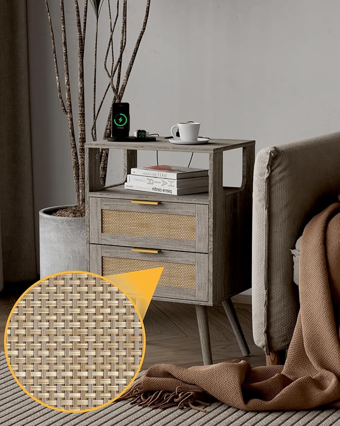 Rattan Nightstand with Charging Station, Modern Bedside Table with 2 Storage - Image 6