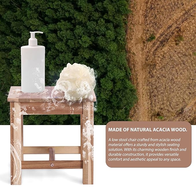 12 Inch Wooden Step Stool, Small Nature Beach Chair Under Desk, Indoor Acacia - Image 5