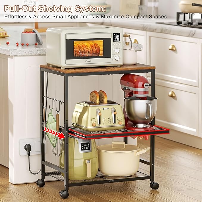 Microwave Cart with Adjustable Drawer Slider Shelves, 3 Tier Rolling Kitchen - Image 2