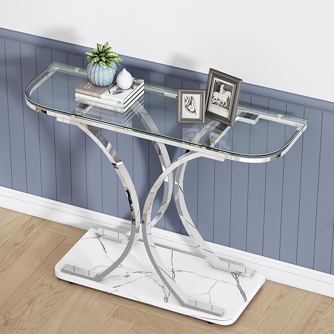 O&K FURNITURE Silver Glass Console Tables - Image 4