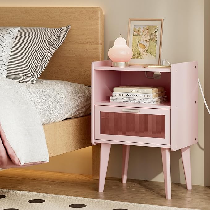 Nightstand with Charging Station, Bedside Tables Pink End Table Side Table with by MMEOLUOOK