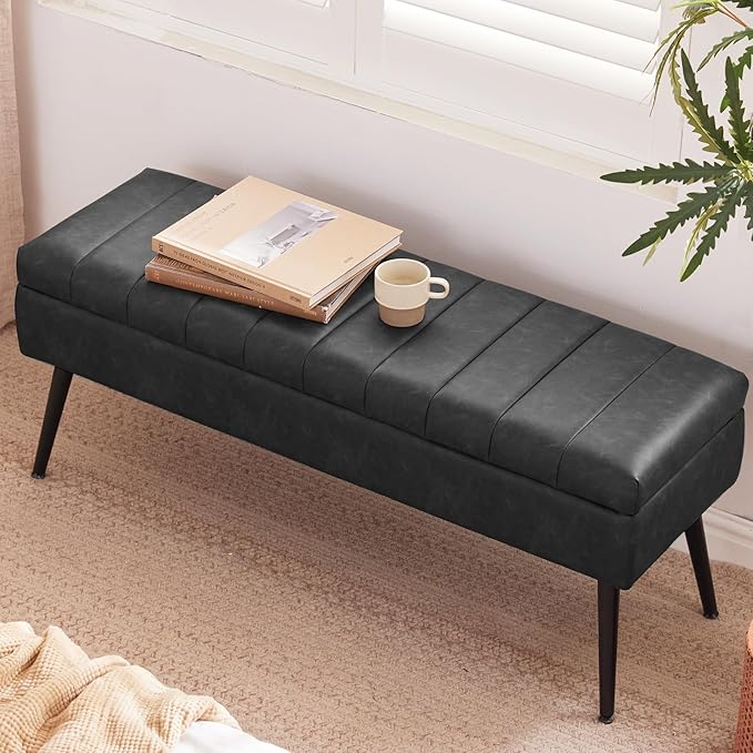 CUYOCA Storage Ottoman Bench, 43.5" Faux Leather Upholstered Entryway Bench - Image 6