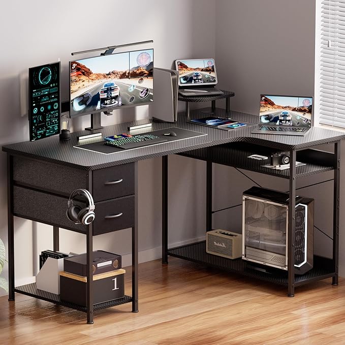 GTPLAYER L Shaped Desk with Drawers, Carbon Fiber Style Computer Desk with - Image 2
