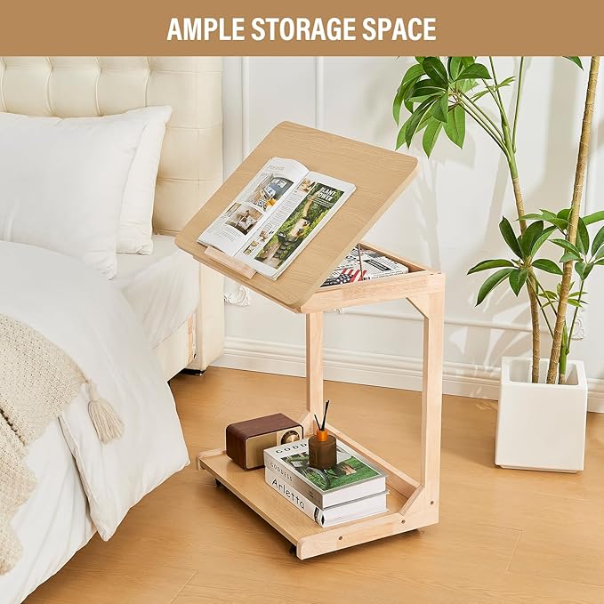 CozyDH Adjustable C Shaped End Table, Rolling Side Table Solid Wood TV Sofa - Image 8