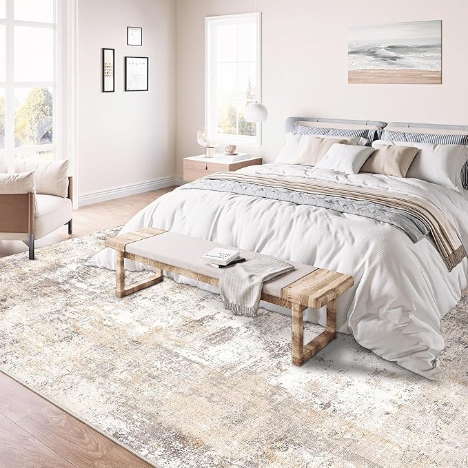 5x7 Washable Area Rug Beige Grey Neutral Abstract Living Room Bedroom Throw Rug - Image 4