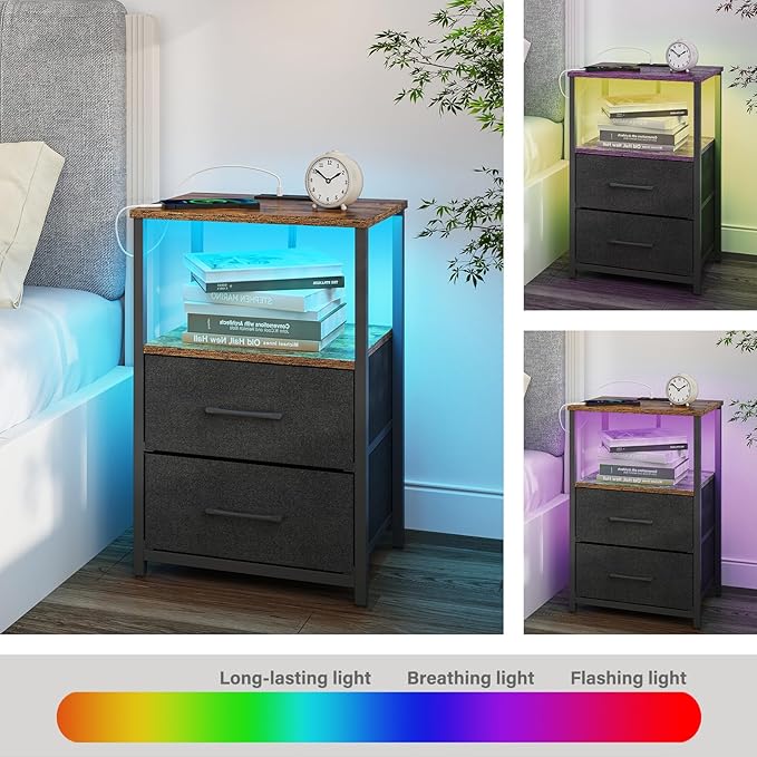 TUTOTAK LED End Table with Charging Station, Nightstand with Cloth Drawer - Image 6