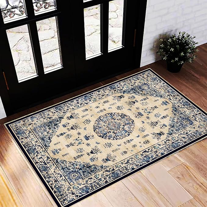 Washable Area Rug 2'x3' Door Mat Vintage Distressed Doormat Indoor Entrance by CHAMPLANT